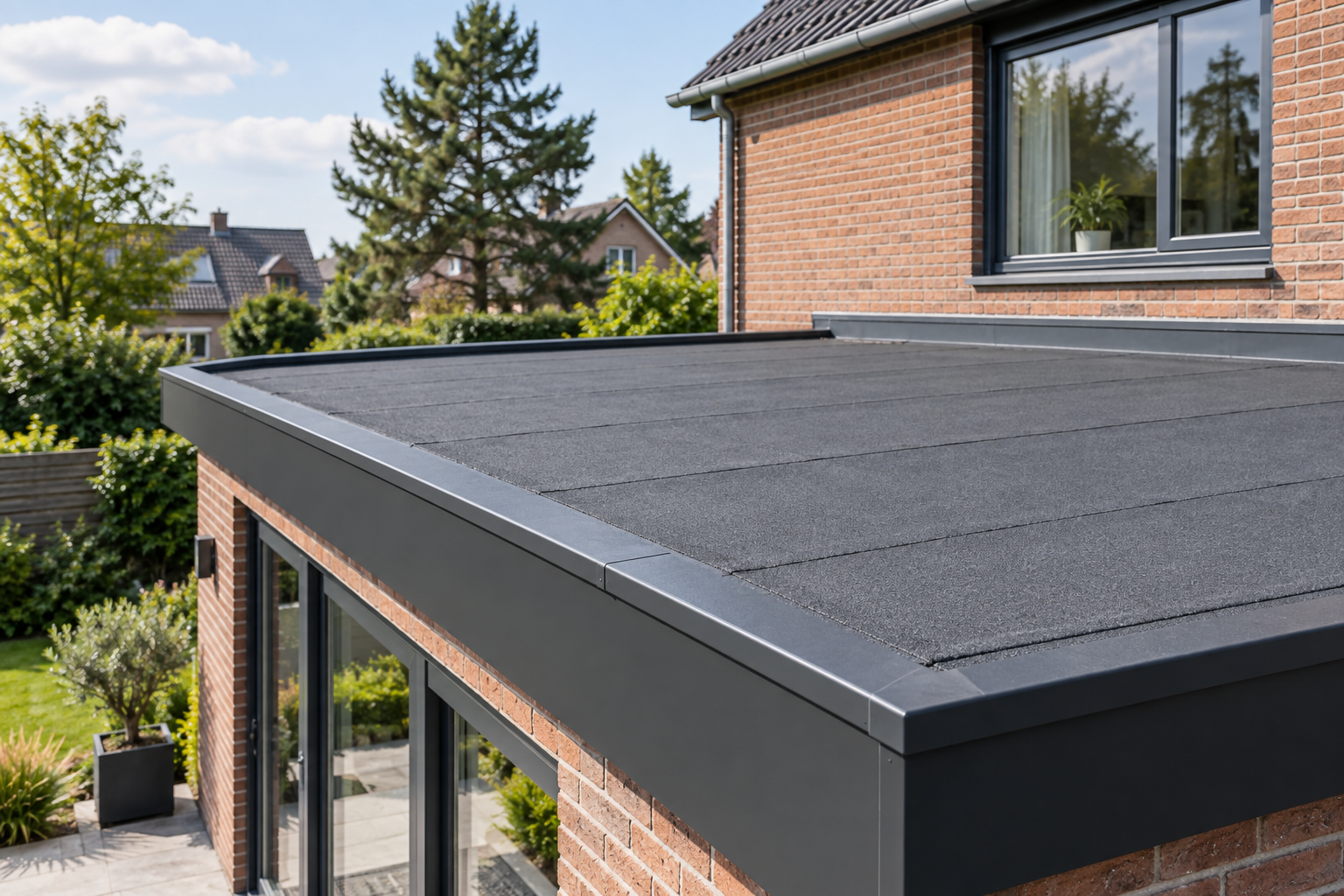 Bitumen dakbedekking op een woningaanbouw